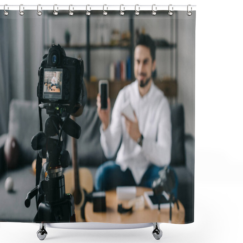 Personality  Technology Blogger Pointing On New Smartphone With Camera On Foreground  Shower Curtains