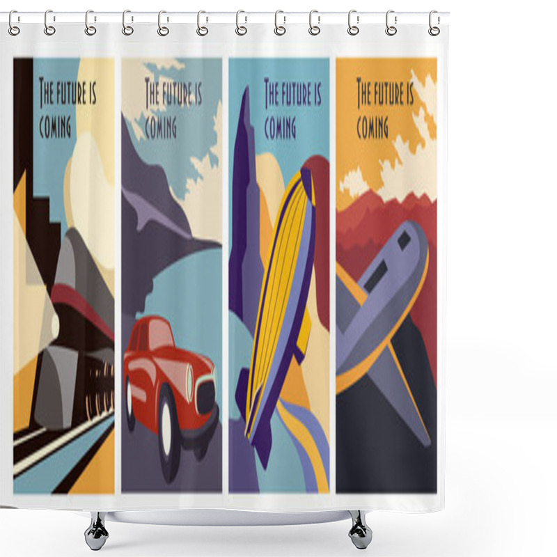 Personality  Set Of Retro Futurism Poster Designs Shower Curtains