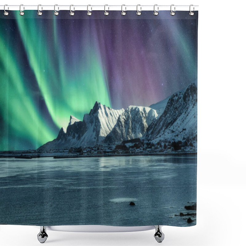 Personality  Aurora Borealis, Northern Lights Above Of Snowy Mountain In Lofo Shower Curtains