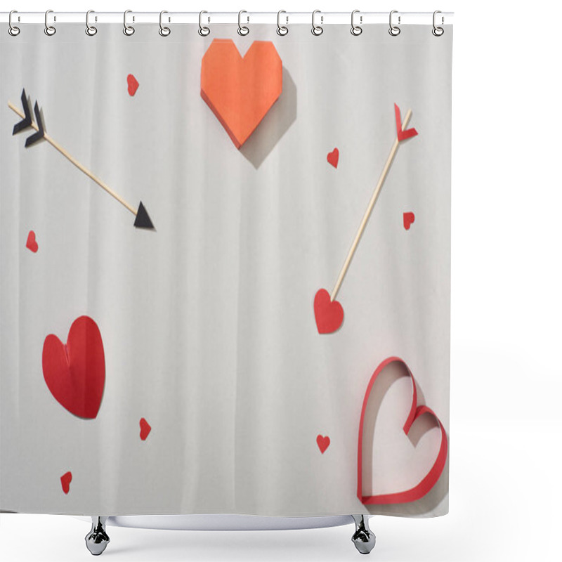 Personality  Top View Of Heart Shaped Papers With Arrows On Grey Background Shower Curtains