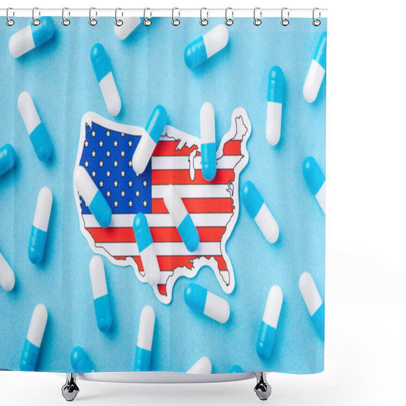 Personality  Terrible Condition Of Heath Among US Citizens. Symbolic Photo Of Many Capsules On Flag And Map Of United States Shower Curtains