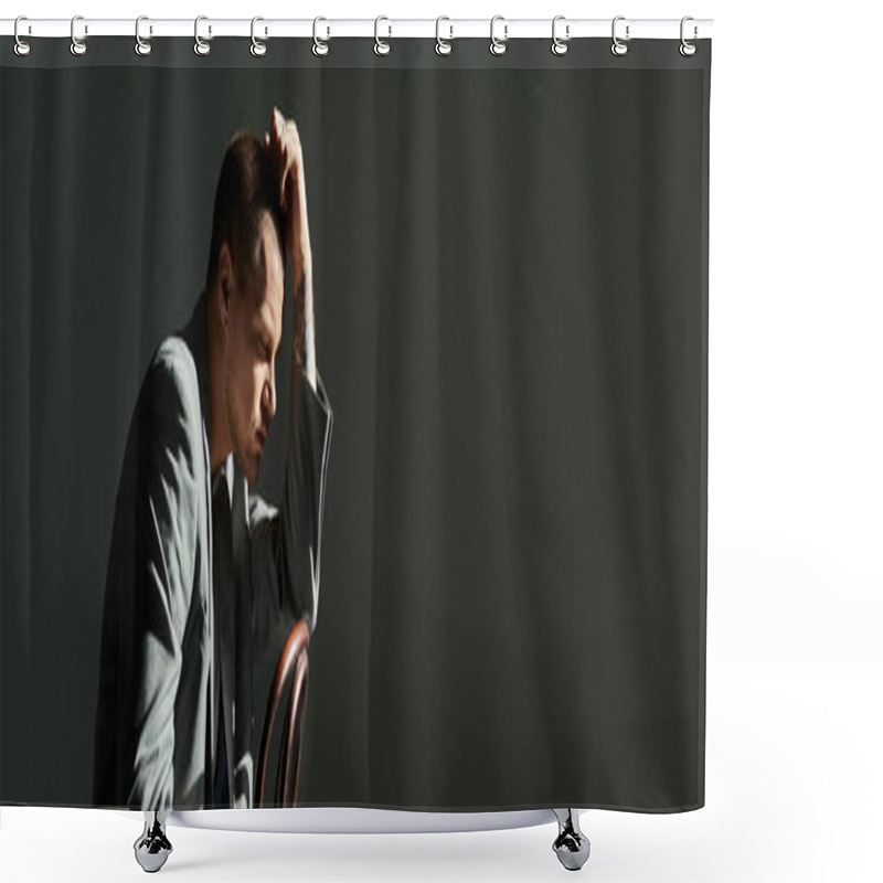 Personality  A Stylishly Dressed Man Sits Alone In A Studio, Hand On His Head, Lost In Thought. Shower Curtains