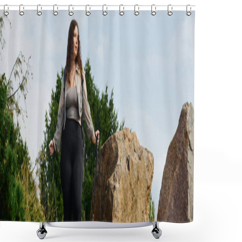 Personality  A Confident Plus Size Woman Enjoys The Natural Beauty Of A Serene Field While Walking. Shower Curtains