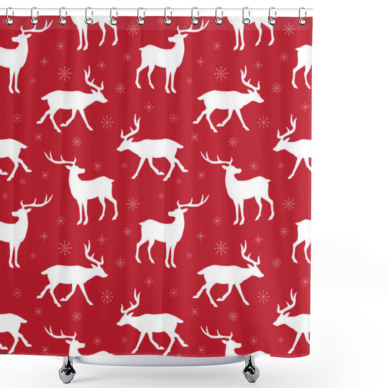 Personality  Vector Seamless Pattern Of White Deer Silhouette And Snow Flakes Isolated On Dark Blue Background  Shower Curtains