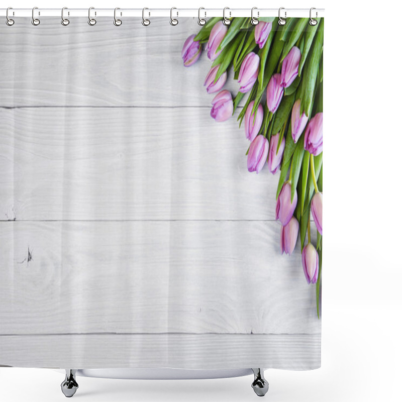 Personality  Pink Tulips Over Wooden Table Shower Curtains