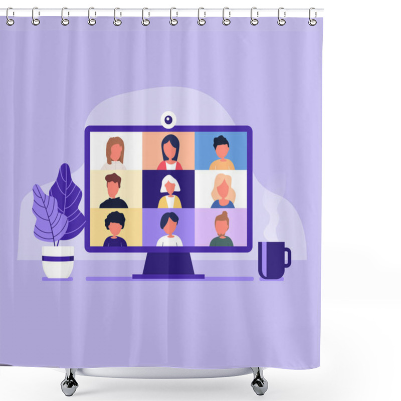 Personality  Colleagues Talk To Each Other On The Computer Screen. Conference Video Call, Working From Home. Shower Curtains