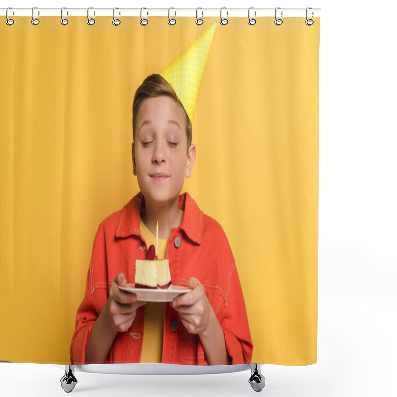 Personality  Smiling Kid With Closed Eyes Making Wish And Holding Plate With Birthday Cake On Yellow Background  Shower Curtains