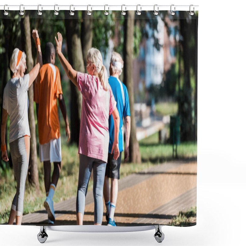 Personality  Selective Focus Of Senior Women Gesturing Near Multicultural Retired Men  Shower Curtains