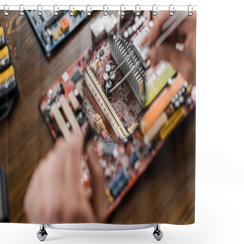 Personality  Cropped Shot Of Computer Engineer With Tweezers And Magnifying Glass Fixing Motherboard Shower Curtains