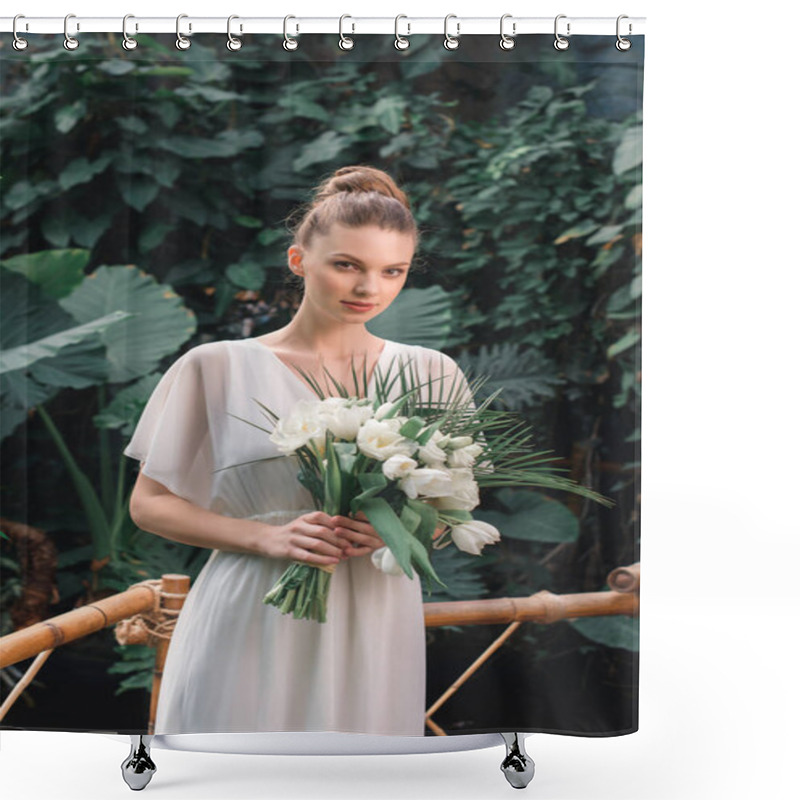 Personality  Pretty Young Bride Posing In White Dress With Wedding Bouquet In Tropical Garden Shower Curtains