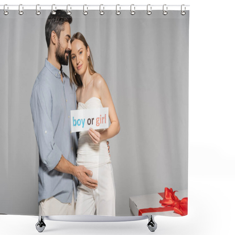 Personality  Smiling Pregnant Woman Holding Card With Boy Or Girl Lettering Near Stylish Husband And Big Gift Box During Gender Reveal Surprise Party Isolated On Grey, Expecting Parents Concept Shower Curtains