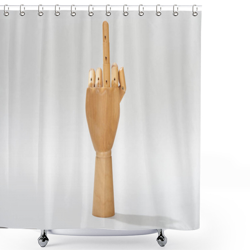 Personality  Wooden Hand With Middle Finger Gesture On Grey Background Shower Curtains