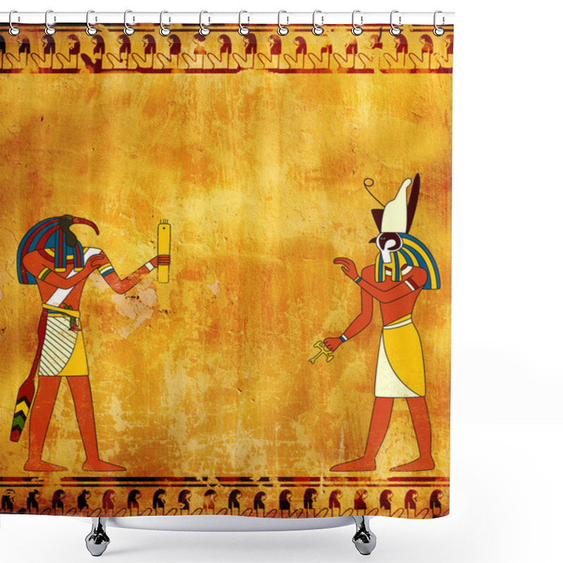 Personality  Grunge Background With Egyptian Gods Images Toth And Horus Shower Curtains