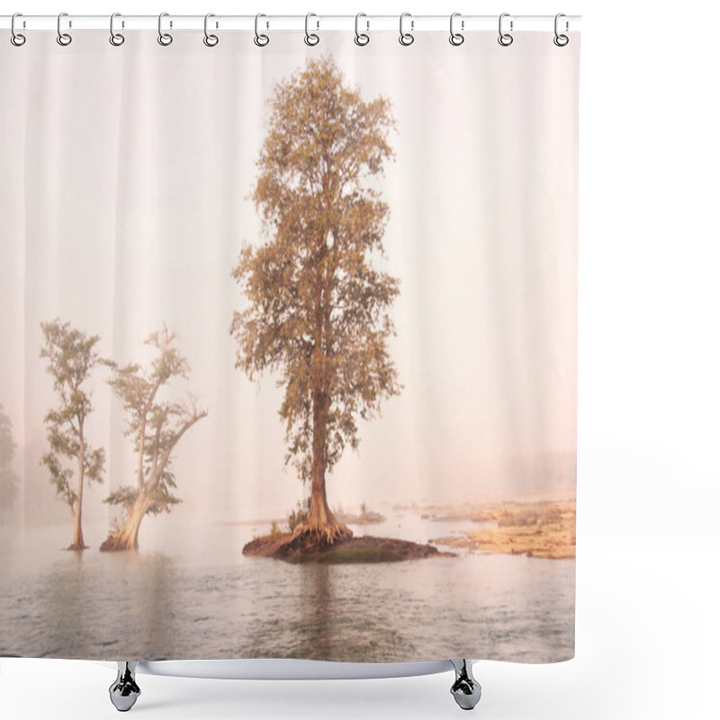 Personality  Misty River Landscape At Sunset Shower Curtains