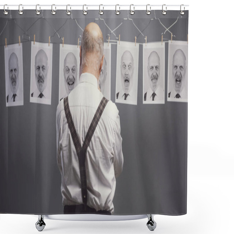 Personality  Mature Businessman Staring At His Multiple Personalities And Expressions On A Collection Of Hanging Portraits: Mind Self Analysis And Emotions Concept Shower Curtains