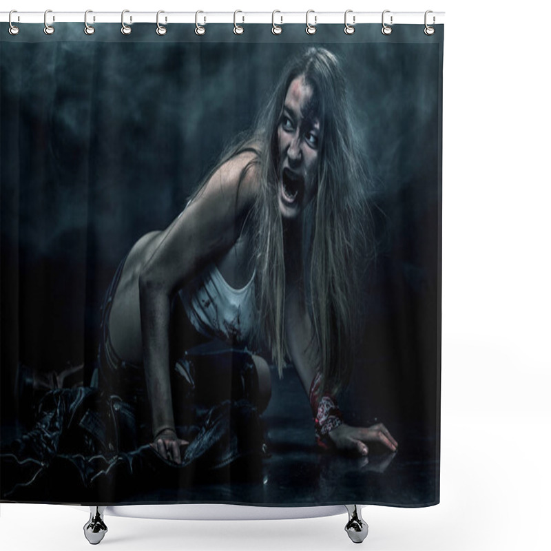 Personality  Zombie Woman, Horror Background For Halloween Concept And Book Cover. Copy Space. Shower Curtains