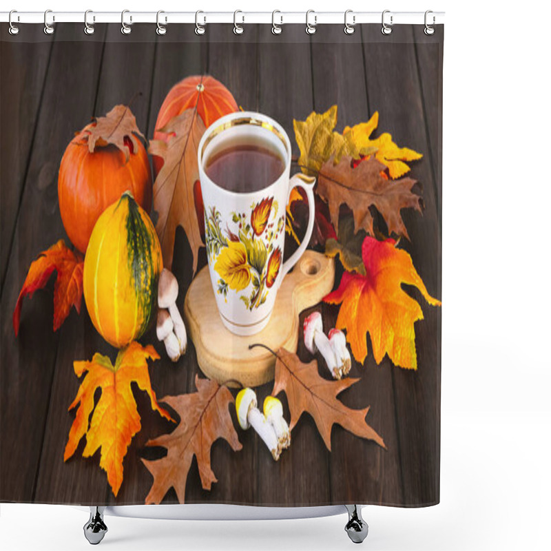 Personality  A Cup Of Tea Decorated With Autumn Leaves, Pumpkins, Mushrooms And Maple Leaves Around On A Dark Background. Autumn Still Life Shower Curtains