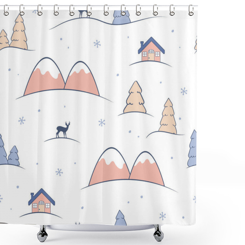 Personality  Snowy Seamless Pattern With Mountains, Fir Trees, Spruces And Chalet. Cute Cartoon Winter Design. Use For Prints, Fabric, Textile, Wallpaper, Nursery, Stationery, Wrapping Shower Curtains