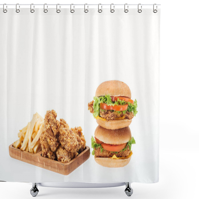 Personality  Crispy Chicken Nuggets, Chicken Burgers And French Fries Isolated On White Shower Curtains