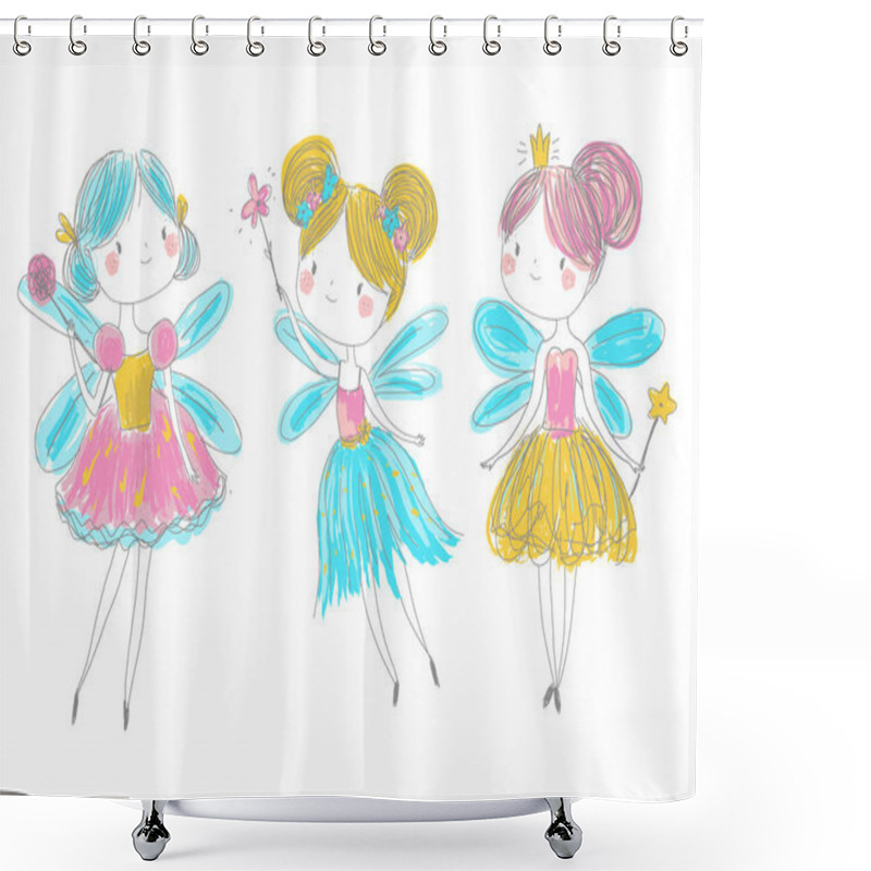 Personality  Cute Fairy Friends In Hand Drawn Style. Cartoon Fairy Princess With Magic Wands. Pixie, Elf Girls Set Shower Curtains