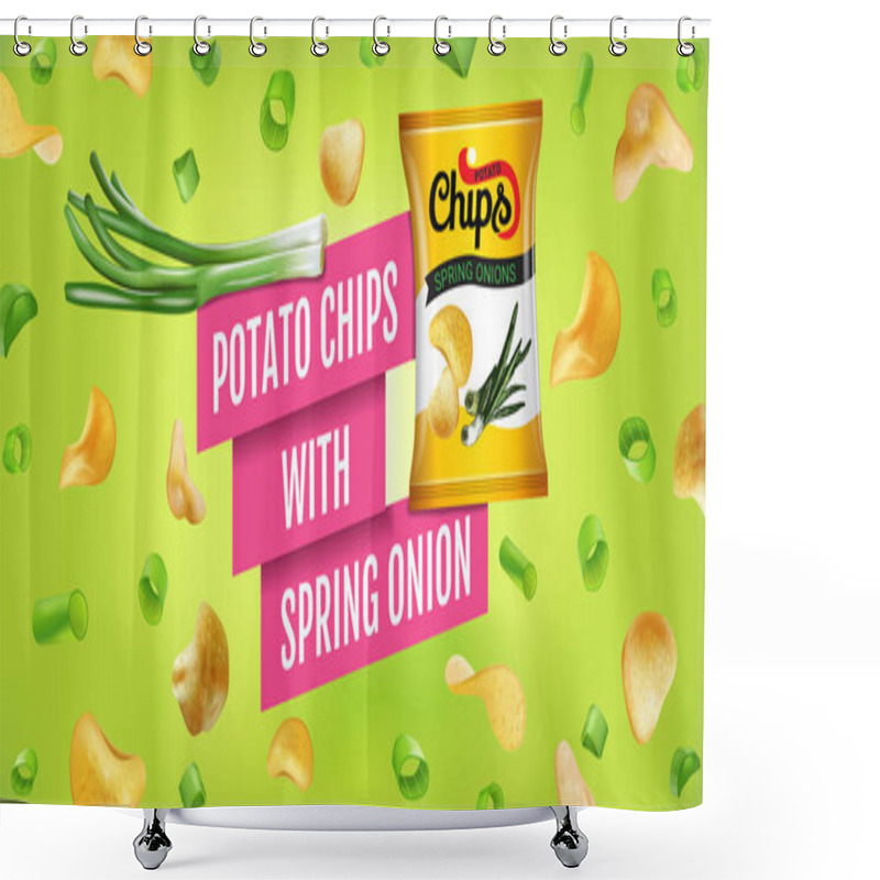 Personality  Potato Chips Ads. Vector Realistic Illustration Of Potato Chips With Spring Onion. Horizontal Banner With Product. Shower Curtains