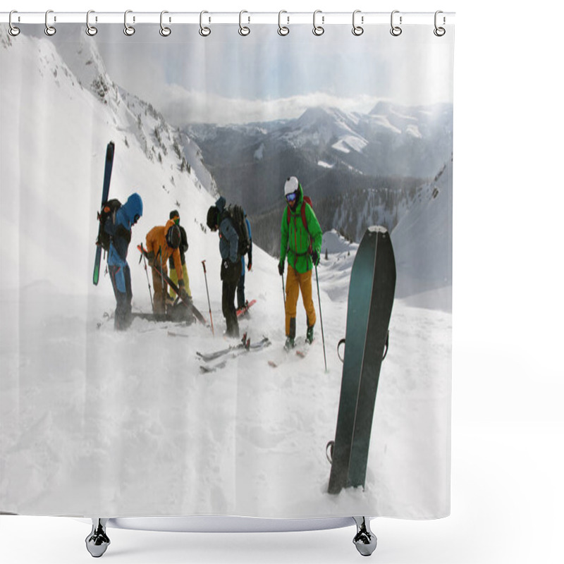 Personality  Group Of Tourists High In The Snowy Mountains Pour Ski Equipment Splitboards. Winter Activities, Skitouring In Mountains. Shower Curtains