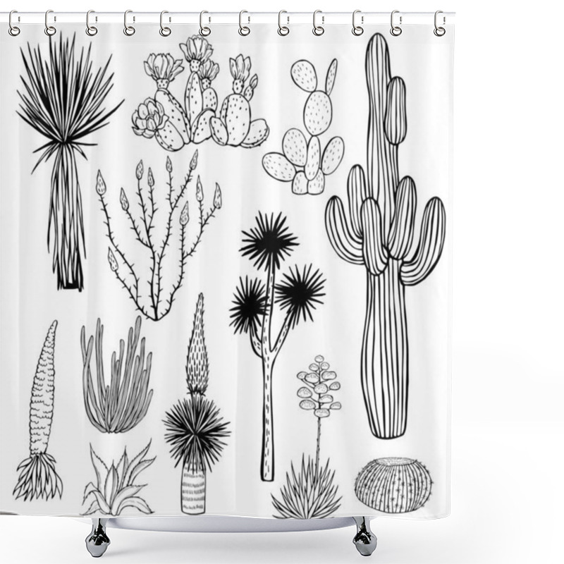 Personality  Desert Plants, Cacti. Vector Sketch  Illustration. Shower Curtains