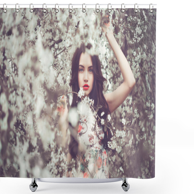 Personality  Beautiful Young Lady In The Garden Of Cherry Blossoms Shower Curtains