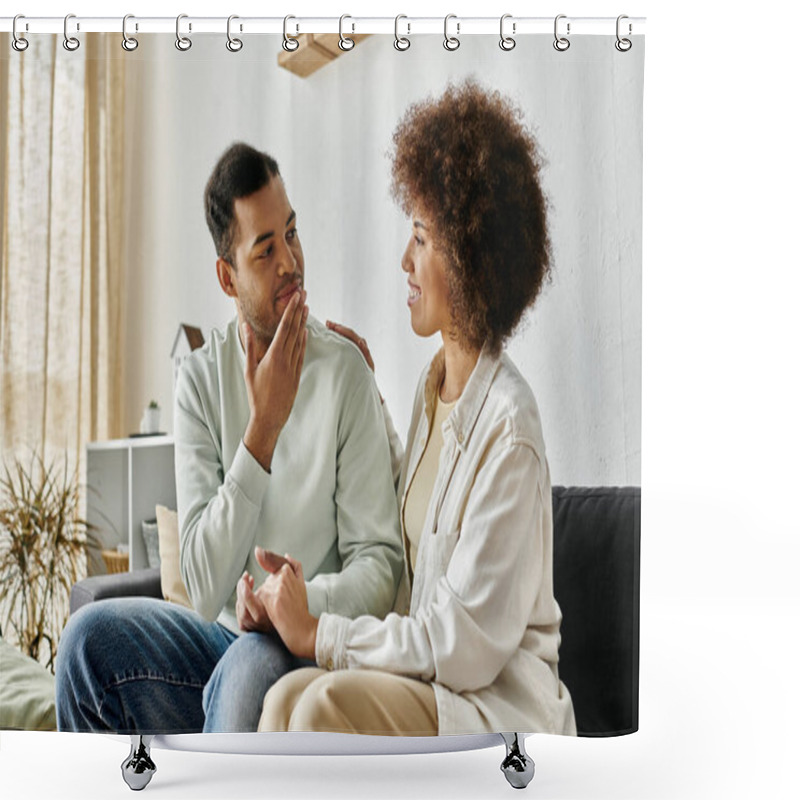 Personality  An African American Couple Sits On A Couch At Home, Using Sign Language To Communicate. Shower Curtains