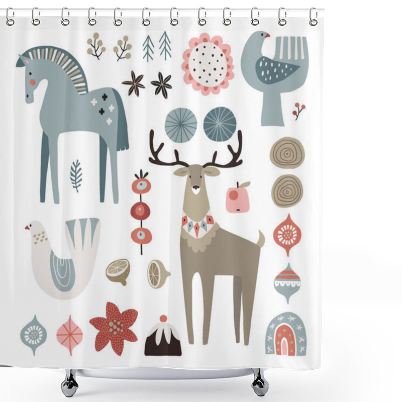 Personality  Set Of Christmas Scandinavian Animals And Natural Elements. Dala Horse, Dove Birds, Christmas Ornametns, Flowers, Fruit And Reindeer. Nordic Retro Design. Isolated Vector Illustration Objects. Shower Curtains