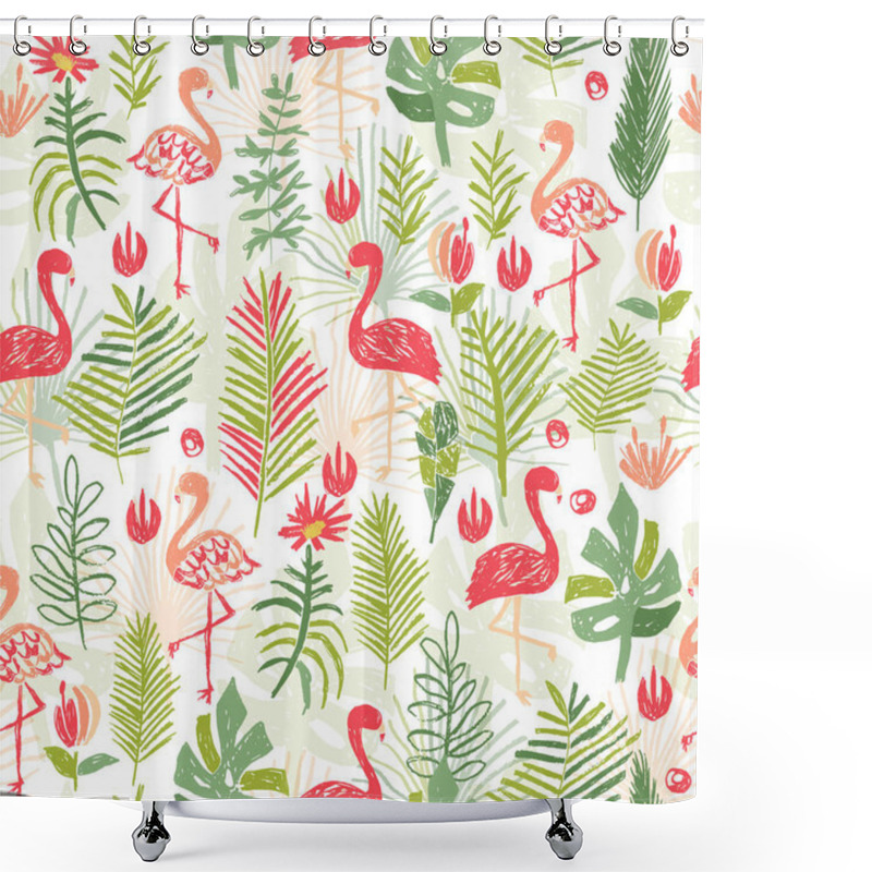 Personality  Tropical Flower And Flamingo Seamless Pattern Shower Curtains