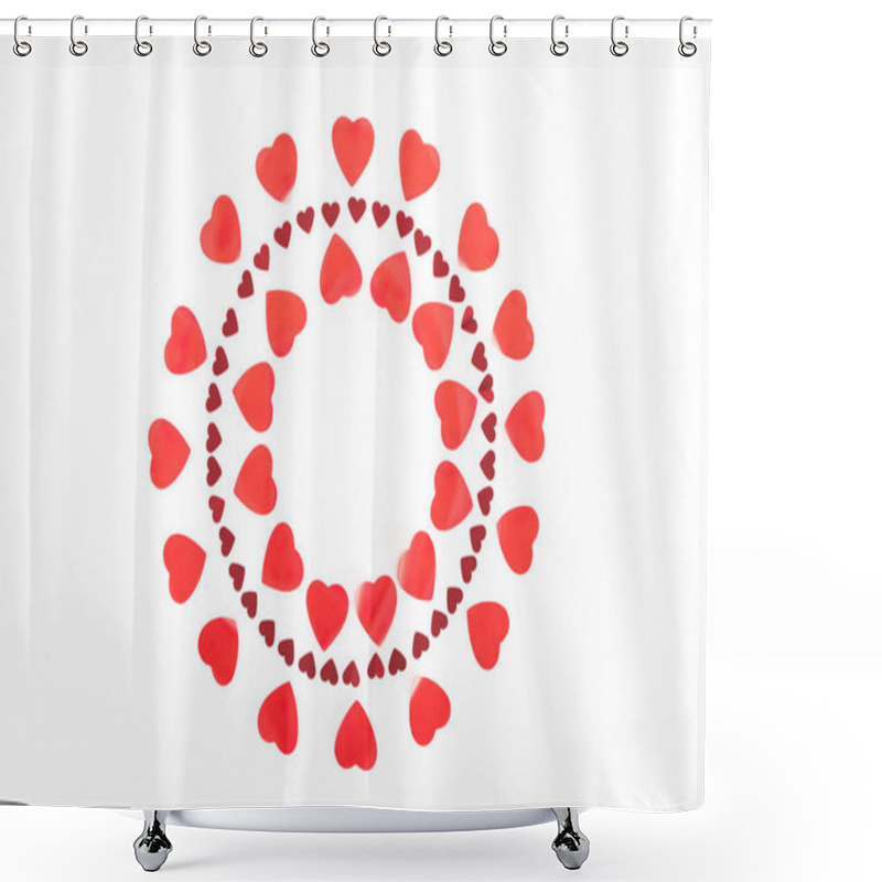 Personality  Top View Of Circles Made Of Red Heart Symbols Isolated On White, St Valentine Day Concept Shower Curtains