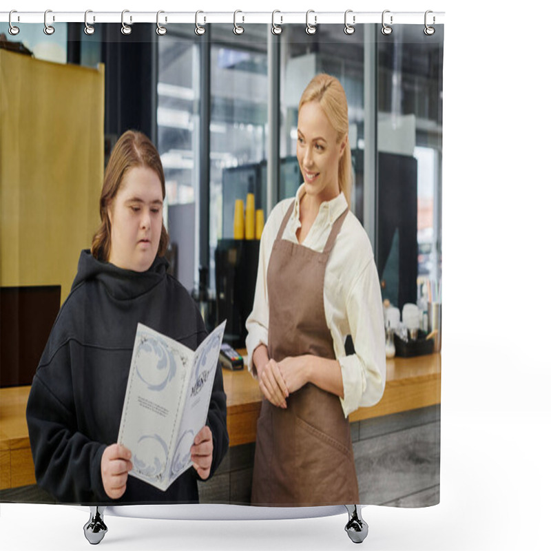 Personality  Young Woman With Mental Disorder Looking At Menu Card Near Smiling Administrator In Modern Cafe Shower Curtains