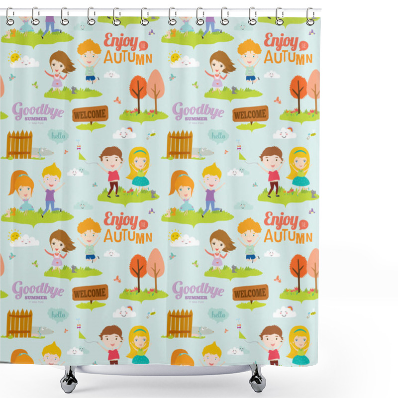 Personality  Bright Background With Funny Animals And Happy Kids Who Jump And Smile. Goodbye Summer. Hello Autumn. Shower Curtains