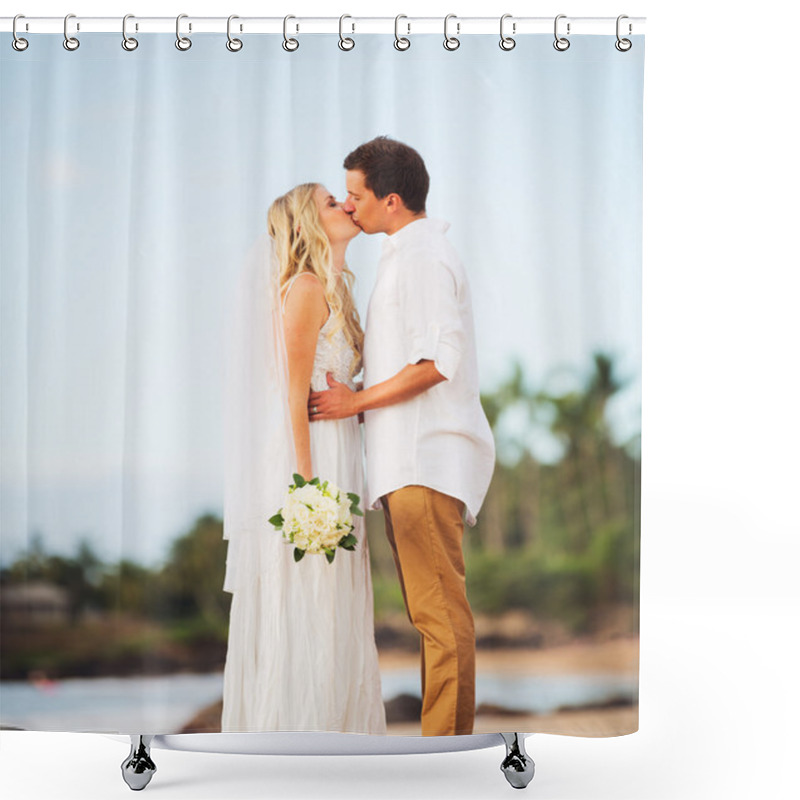 Personality  Bride And Groom, Romantic Newly Married Couple Kissing At The Be Shower Curtains