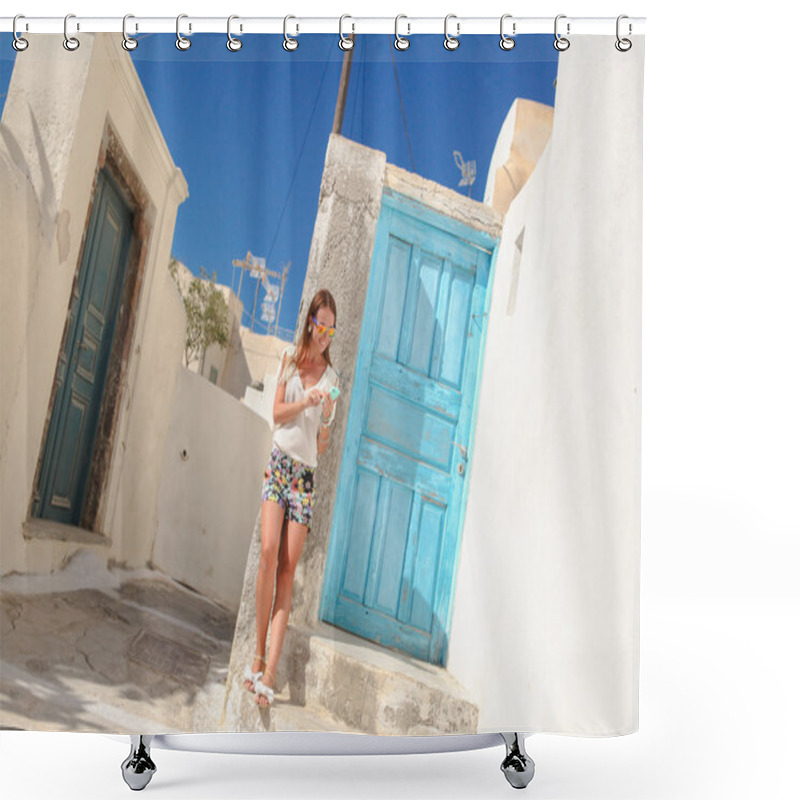 Personality  Happy Young Woman Talking On Phone And Walking Through The Narrow Old Streets In Greek Village Of Emporio Shower Curtains