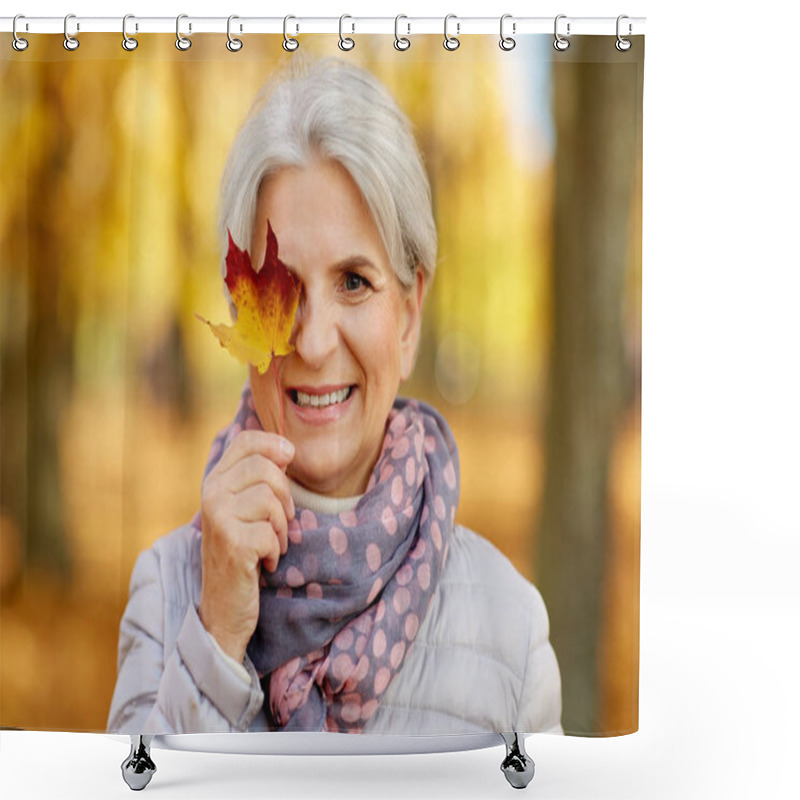 Personality  Happy Senior Woman With Maple Leaf At Autumn Park Shower Curtains