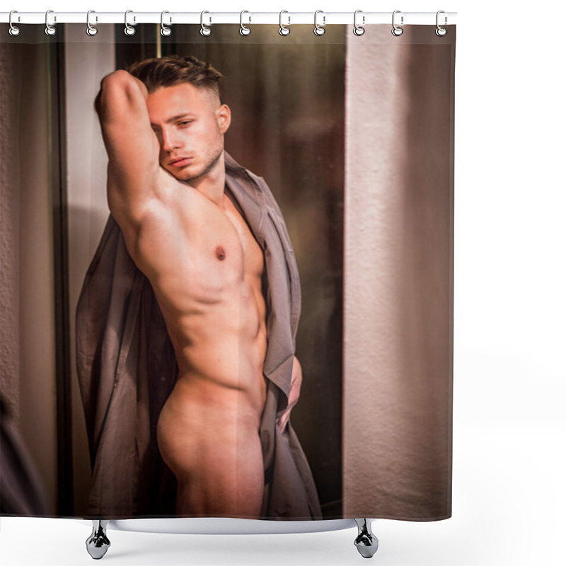 Personality  Handsome Totally Naked Muscular Young Man At Home Covering Nudity With Drapes By Large Windows, In Seductive Attitude, Looking At Camera Shower Curtains