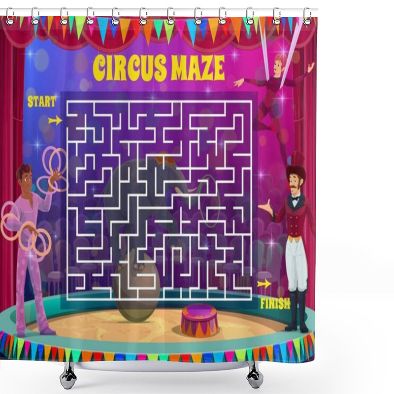 Personality  Labyrinth Maze Game On Shapito Circus Vector Background. Kids Education Square Maze Puzzle, Logic Riddle Or Test With Find Right Way From Start To Finish Task, Circus Acrobats And Elephant On Stage Shower Curtains