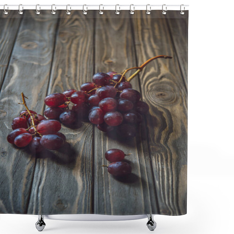 Personality  Close-up Shot Of Branches Of Red Grapes On Rustic Wooden Table Shower Curtains