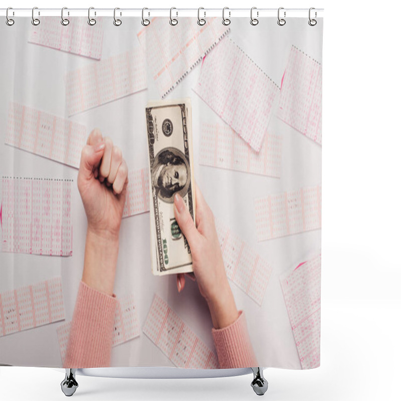 Personality  Cropped View Of Woman Showing Winner Gesture While Holding Dollar Banknotes Near Lottery Tickets Scattered On White Table Shower Curtains