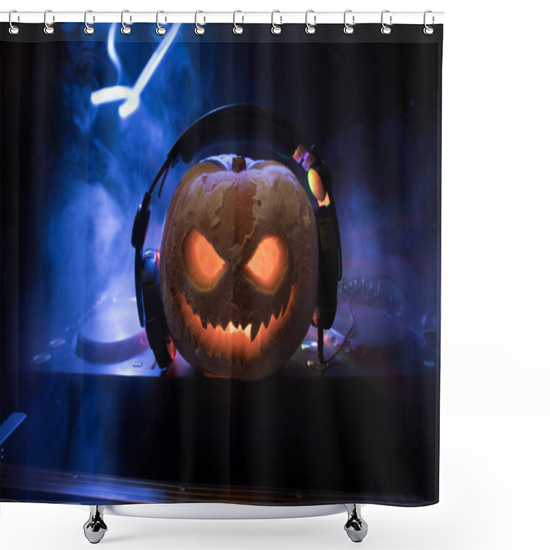 Personality  Halloween Pumpkin On A Dj Table With Headphones On Dark Background With Copy Space. Happy Halloween Festival Decorations And Music Concept Shower Curtains