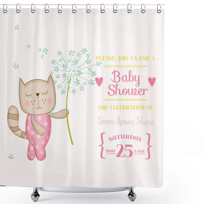 Personality  Baby Girl Cat Holding Flower - Baby Shower Or Arrival Card - In Vector Shower Curtains