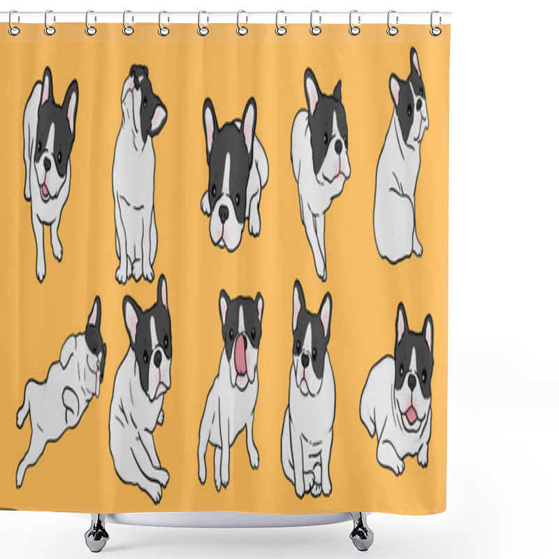 Personality  French Bulldogs. Vector Bulldog Set. Funny Cartoon Puppy Isolated On Yellow Background Shower Curtains