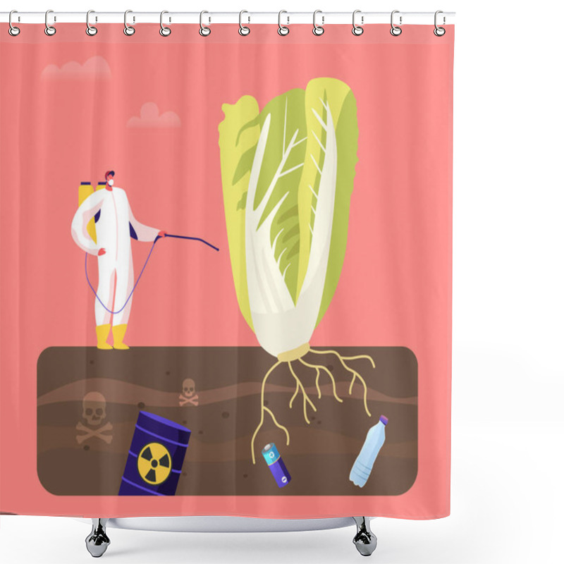 Personality  Male Character In Protective Suit And Mask Spraying Fertilizer Pesticide Insecticide On Huge Green Plant, Vegetable In Garden Grow In Polluted Toxic Soil. Ecology Danger. Cartoon Vector Illustration Shower Curtains