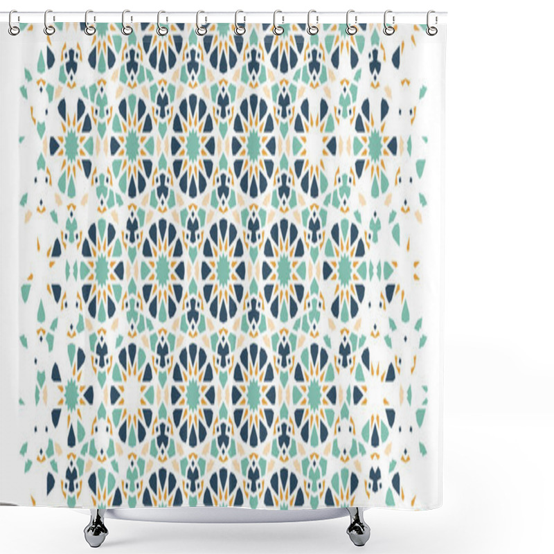 Personality  Islamic, Arabic Mosaic Repeating Vector Border, Pattern, Background. Geometric Halftone Pattern With Color Islamic Arabesque Disintegration Shower Curtains