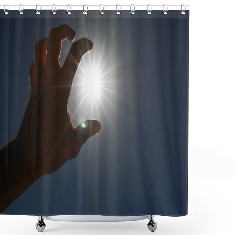 Personality  One Hand Catching The Sun Stars On A Blue Background Shower Curtains