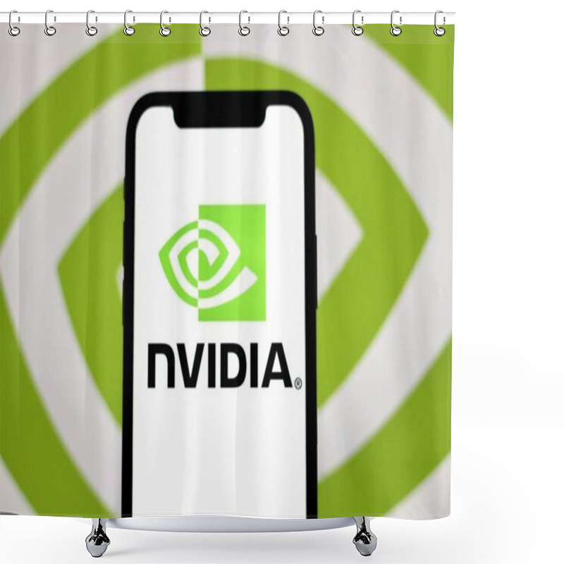 Personality  In This Photo Illustration, The NVIDIA Logo Is Displayed On A Smartphone Screen.Indonesia - May 28th 2024. Shower Curtains