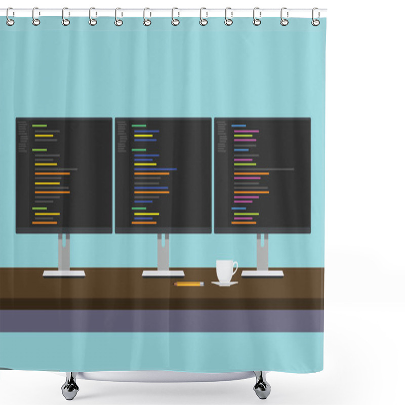 Personality  Programmer Workdesk Triple Monitor With Programming Code Vector Shower Curtains