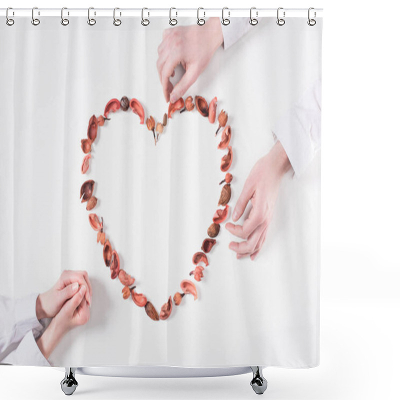 Personality  Cropped Image Of Couple Making Heart From Dried Fruits On Valentines Day On White Shower Curtains